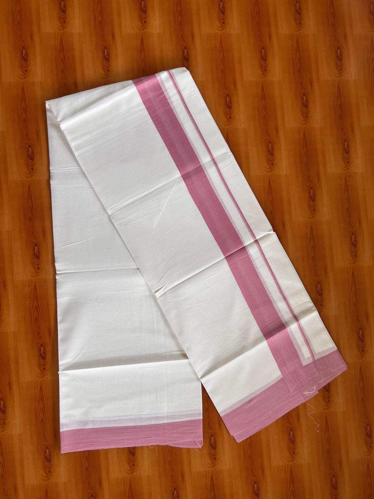 Pure White Double Mundu/Dhoti - 20% Discount ! Kaitharikada Pure Cotton - 100x80 - 1.5 inch Light Pink striped Kara 3.80 mtr (8 muzham) - 75 KK5523 MC