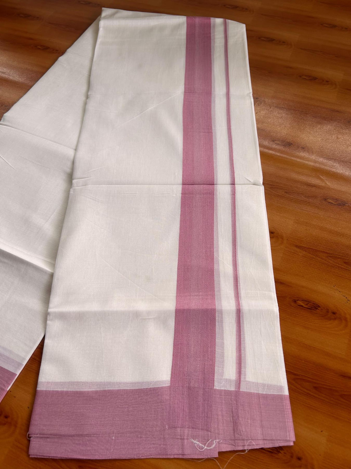 Pure White Double Mundu/Dhoti - 20% Discount ! Kaitharikada Pure Cotton - 100x80 - 1.5 inch Light Pink striped Kara 3.80 mtr (8 muzham) - 75 KK5523 MC
