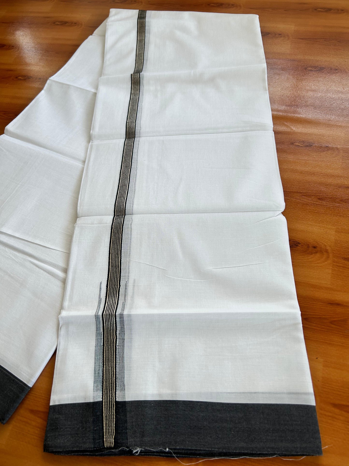 Double Pure White Mundu/Dhoti - 20% Discount !! KaithariKada Balaramapuram 100% Cotton - 100x80 - 1.25 inch  Silver Kasav & Black Striped Multicolour Chutty Kara 3.90 mtr (8.5 muzham) - 3 KK5490 VAS