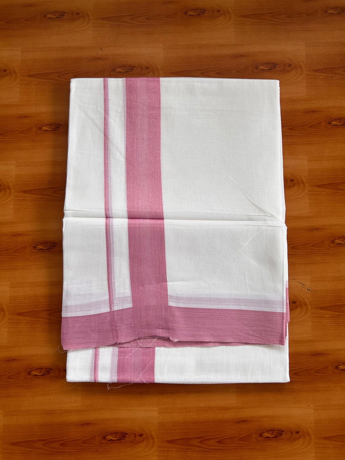 Pure White Double Mundu/Dhoti - 20% Discount ! Kaitharikada Pure Cotton - 100x80 - 1.5 inch Light Pink striped Kara 3.80 mtr (8 muzham) - 75 KK5523 MC