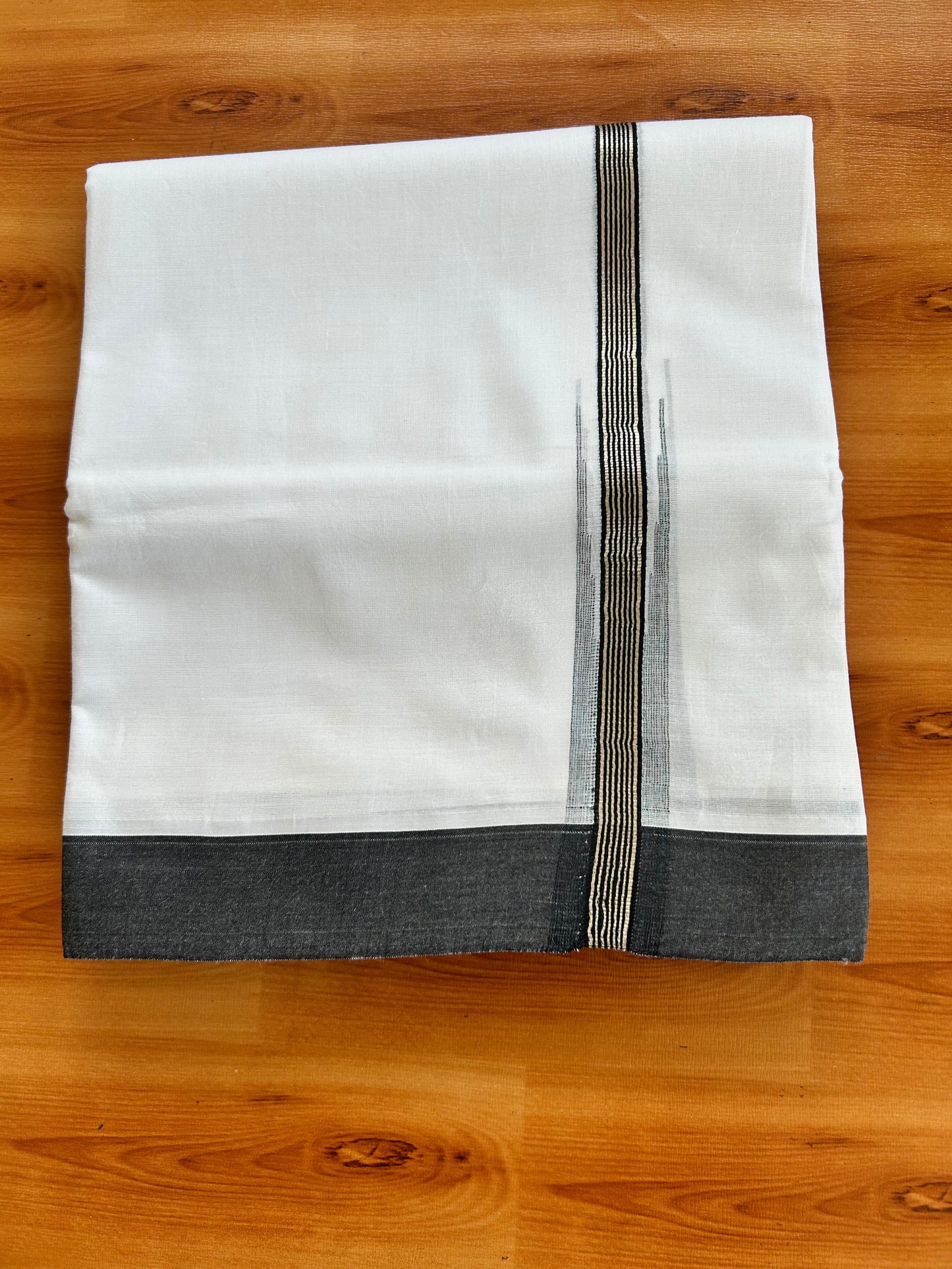 Double Pure White Mundu/Dhoti - 20% Discount !! KaithariKada Balaramapuram 100% Cotton - 100x80 - 1.25 inch  Silver Kasav & Black Striped Multicolour Chutty Kara 3.90 mtr (8.5 muzham) - 3 KK5490 VAS