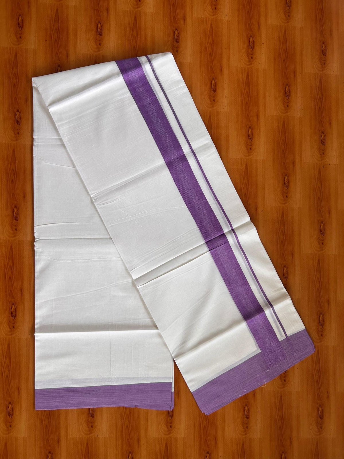 Pure White Double Mundu/Dhoti - 20% Discount ! Kaitharikada Pure Cotton - 100x80 - 1.5 inch Lavender striped Kara 3.80 mtr (8 muzham) - 79 KK5523 MC