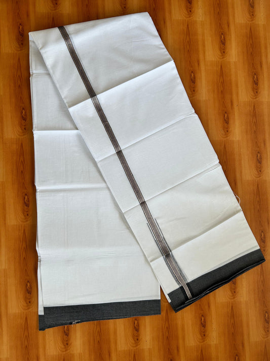 Double Pure White Mundu/Dhoti - 20% Discount !! KaithariKada Balaramapuram 100% Cotton - 100x80 - 0.75 inch Black Silver Kasav Stripes Chutty Kara 3.90 mtr (8.5 muzham) - 2 KK5490 VAS