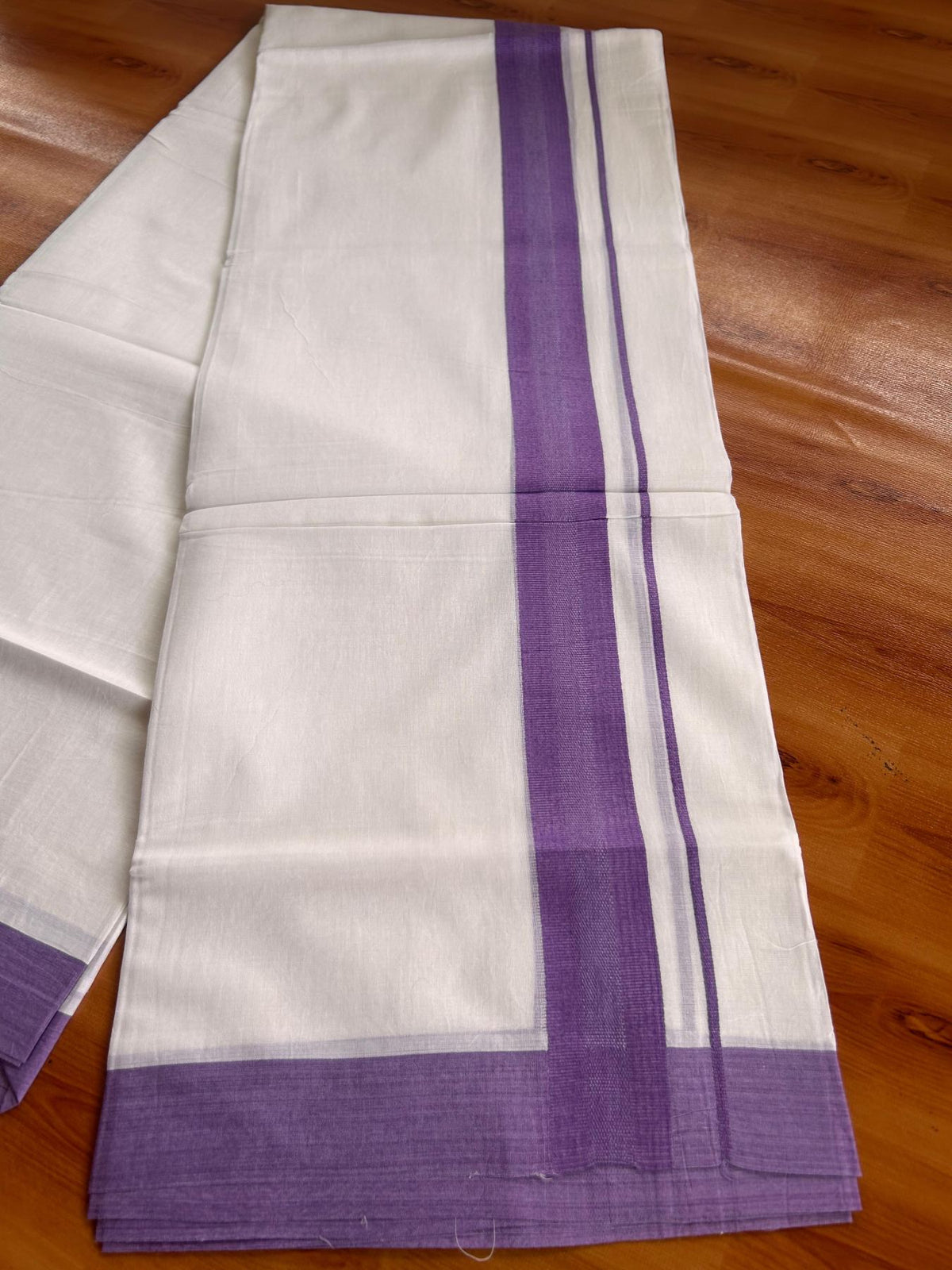 Pure White Double Mundu/Dhoti - 20% Discount ! Kaitharikada Pure Cotton - 100x80 - 1.5 inch Lavender striped Kara 3.80 mtr (8 muzham) - 79 KK5523 MC
