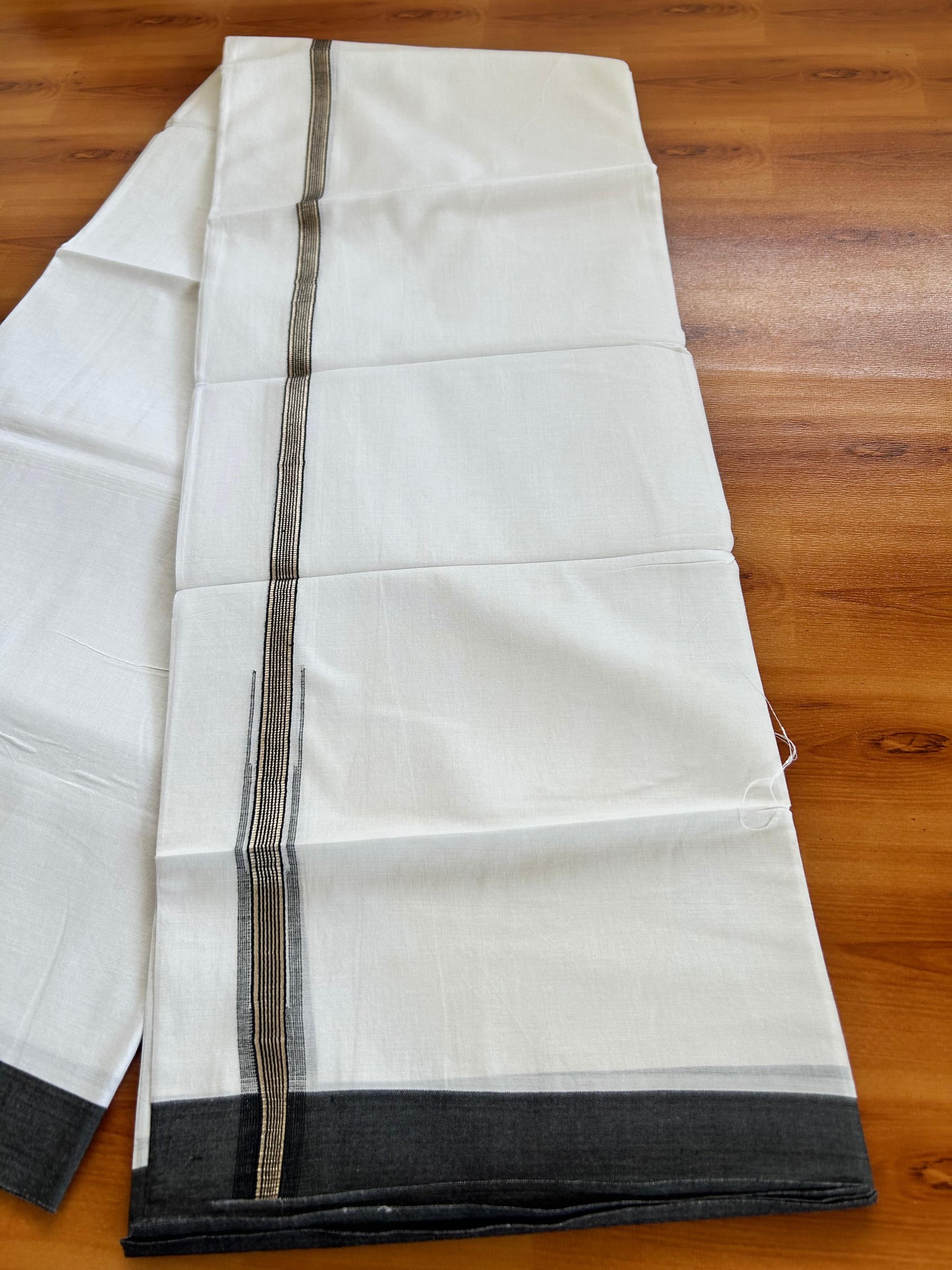 Double Pure White Mundu/Dhoti - 20% Discount !! KaithariKada Balaramapuram 100% Cotton - 100x80 - 0.75 inch Black Silver Kasav Stripes Chutty Kara 3.90 mtr (8.5 muzham) - 2 KK5490 VAS