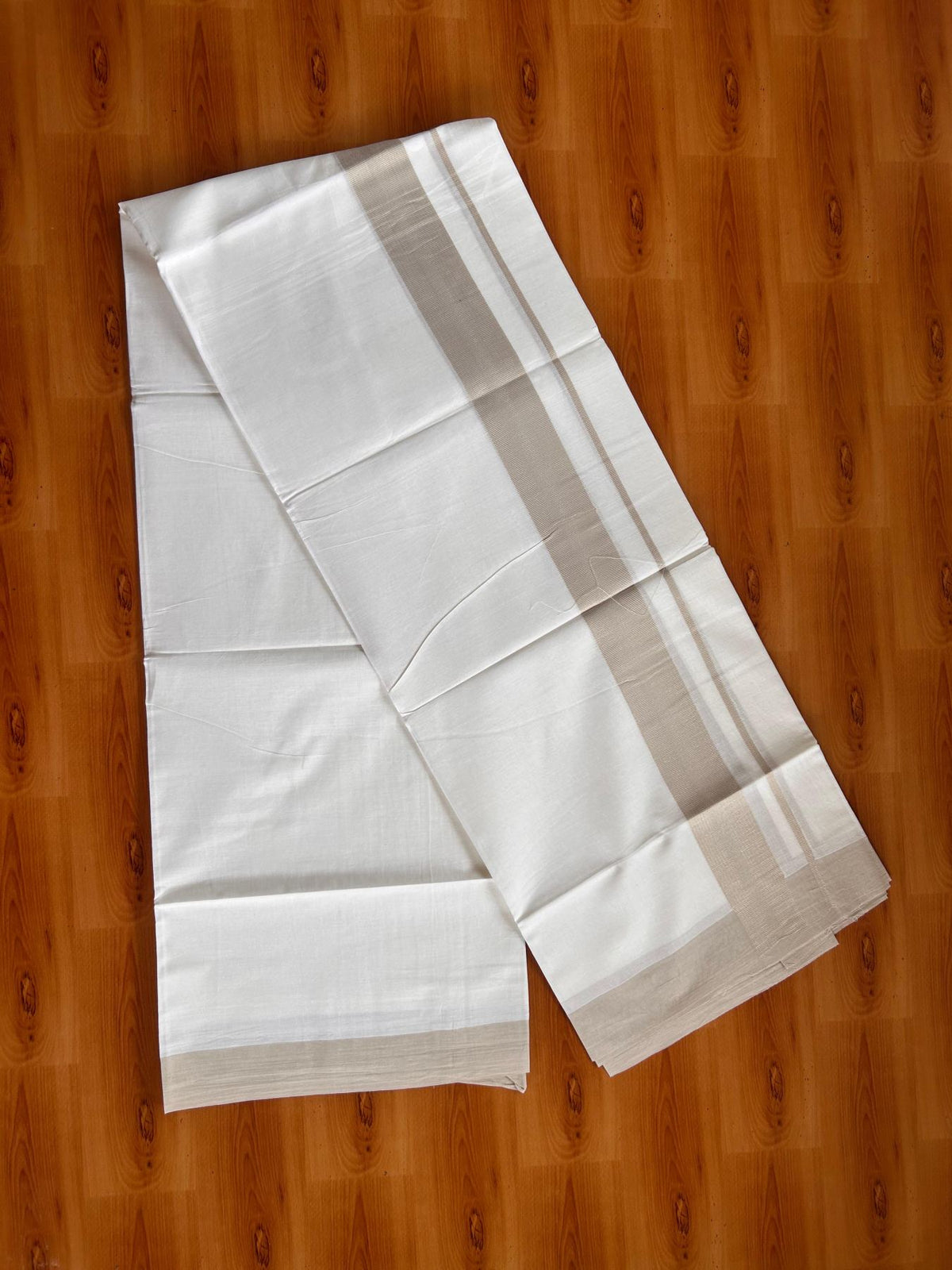 Pure White Double Mundu/Dhoti - 20% Discount ! Kaitharikada Pure Cotton - 100x80 - 1.5 inch Beige striped Kara 3.80 mtr (8 muzham) - 80 KK5523 MC