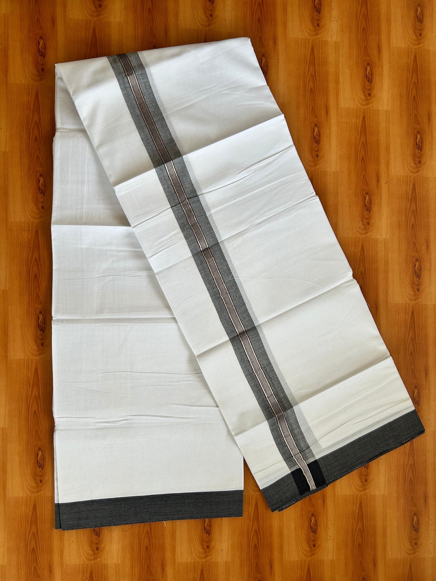 Double Pure White Mundu/Dhoti - 20% Discount !! KaithariKada Balaramapuram 100% Cotton - 100x80 - 1.75 inch Black Silver Kasav Stripes Chutty Kara 3.90 mtr (8.5 muzham) - 1 KK5490 VAS