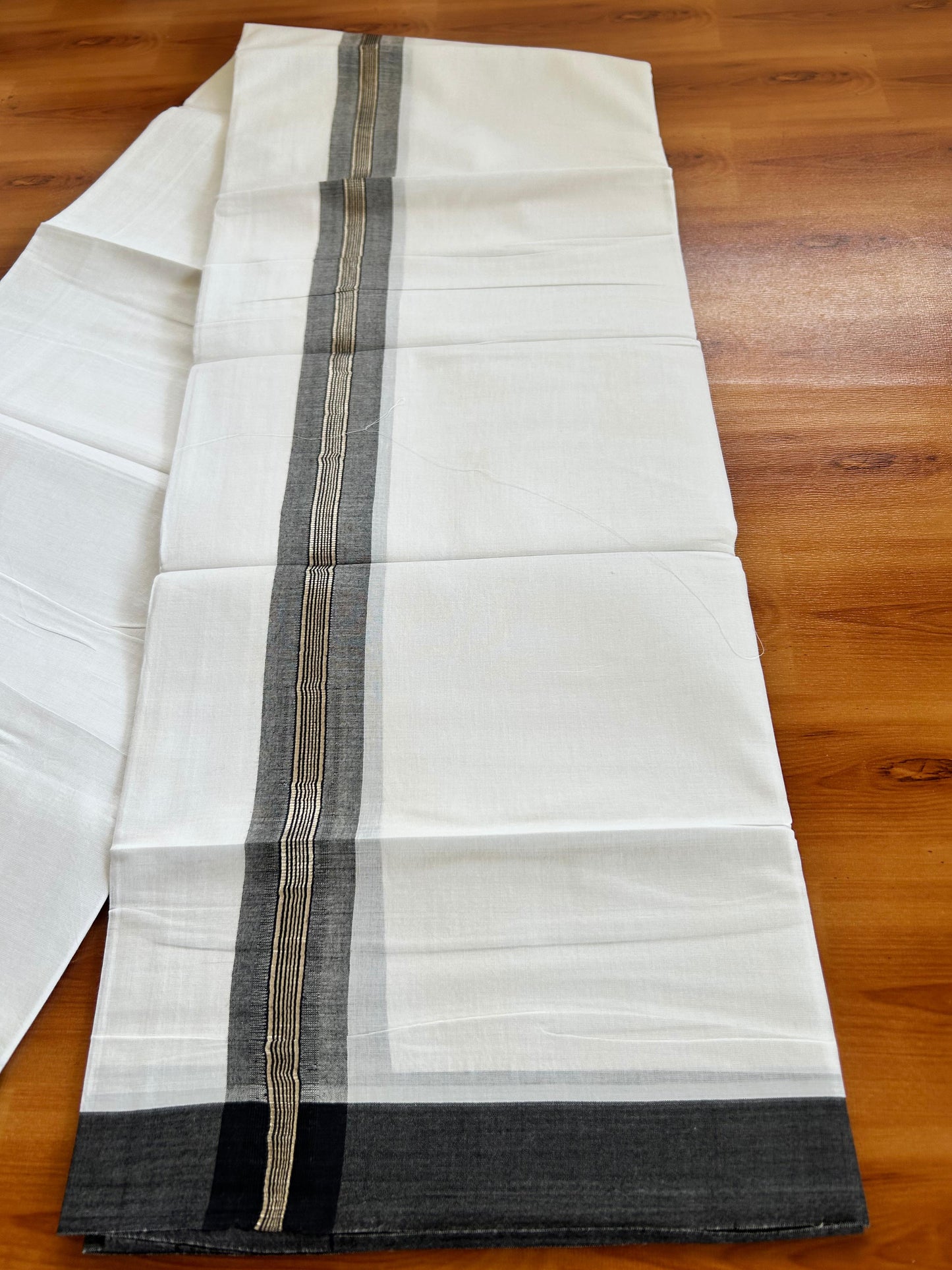 Double Pure White Mundu/Dhoti - 20% Discount !! KaithariKada Balaramapuram 100% Cotton - 100x80 - 1.75 inch Black Silver Kasav Stripes Chutty Kara 3.90 mtr (8.5 muzham) - 1 KK5490 VAS