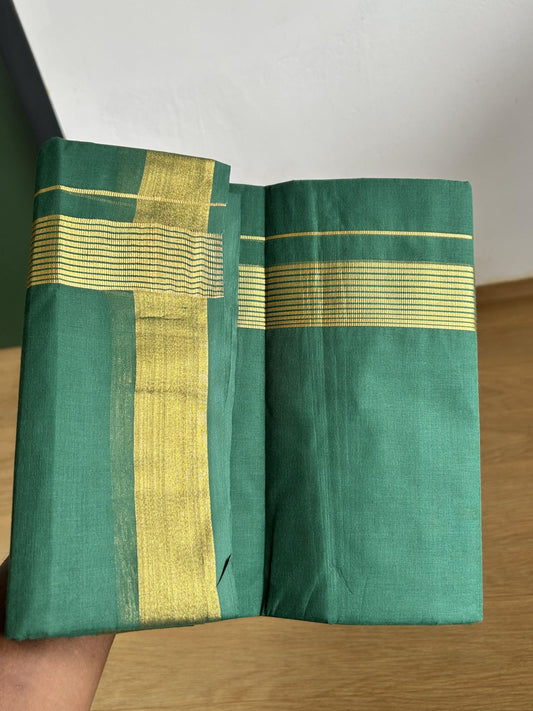 Double - Colour mundu/Dhoti - 20% Discount ! KaithariKada Balaramapuram - 100x80 - Green Colour Body - 1.5 inch Gold Kasav Striped Kara 4 mtr (8.5 muzham) - 1 KK5404 PMC