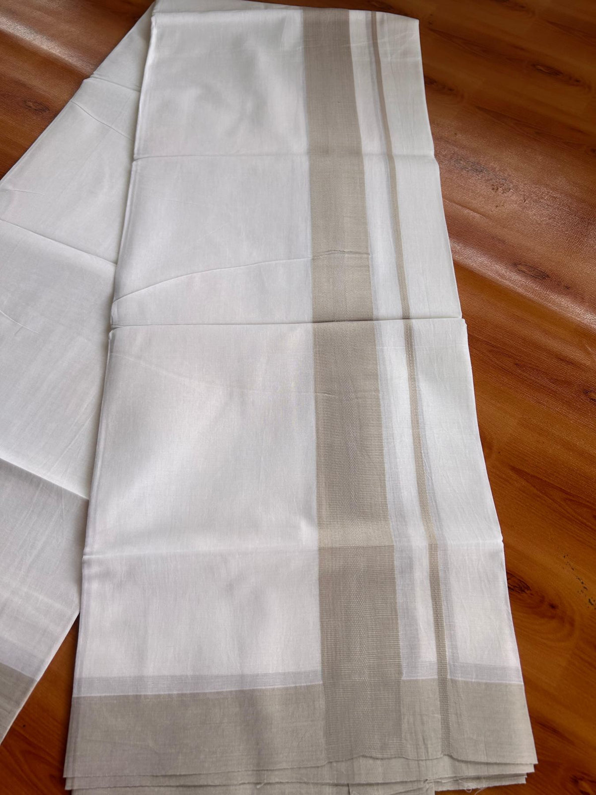 Pure White Double Mundu/Dhoti - 20% Discount ! Kaitharikada Pure Cotton - 100x80 - 1.5 inch Beige striped Kara 3.80 mtr (8 muzham) - 80 KK5523 MC