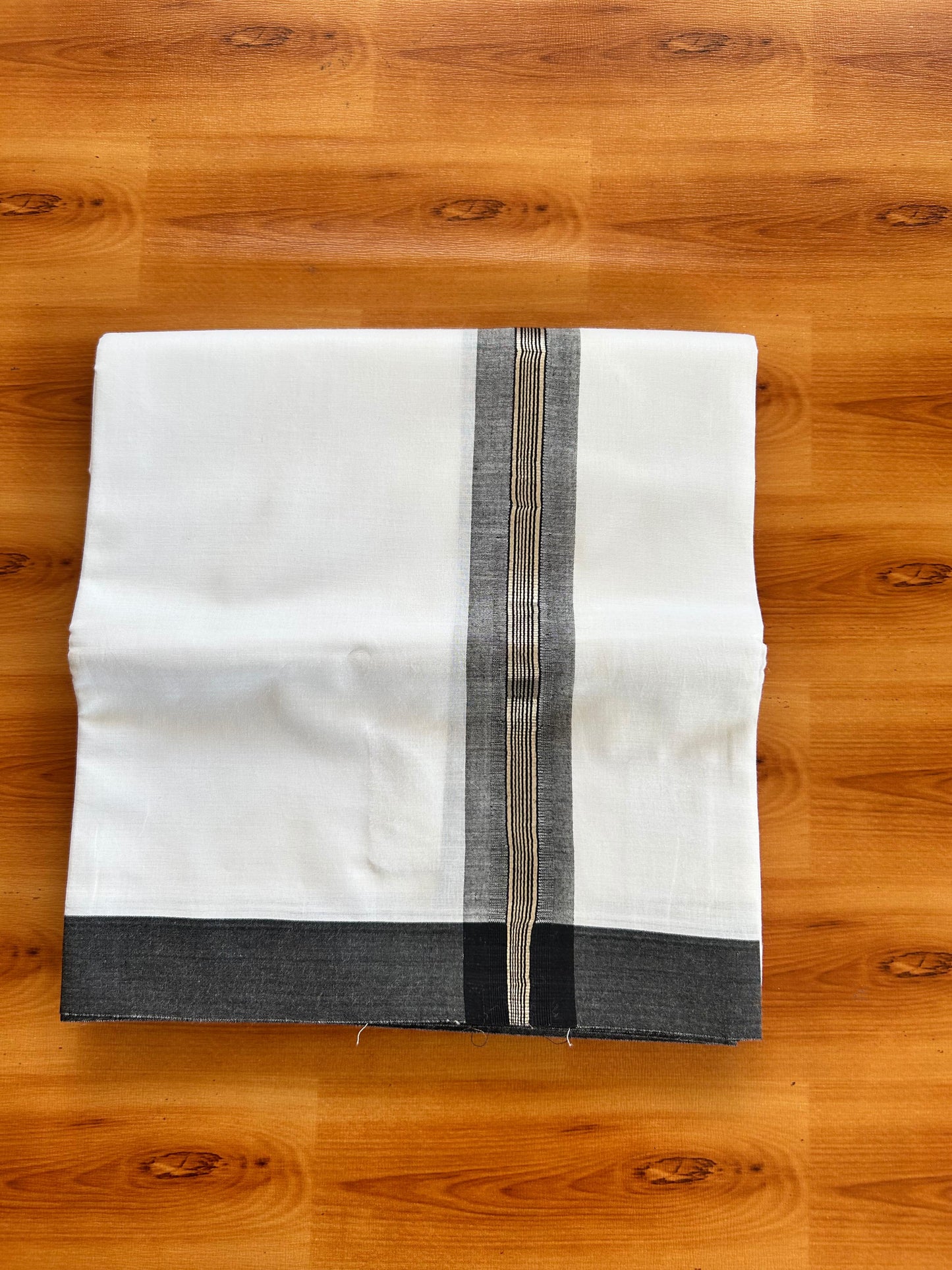 Double Pure White Mundu/Dhoti - 20% Discount !! KaithariKada Balaramapuram 100% Cotton - 100x80 - 1.75 inch Black Silver Kasav Stripes Chutty Kara 3.90 mtr (8.5 muzham) - 1 KK5490 VAS