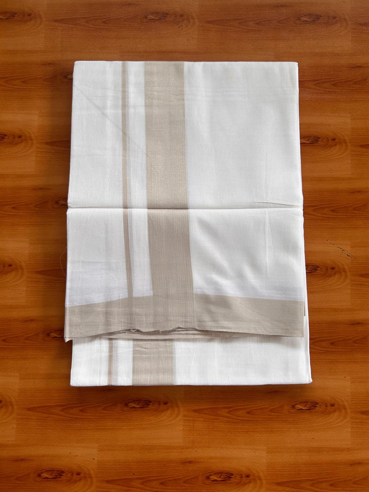Pure White Double Mundu/Dhoti - 20% Discount ! Kaitharikada Pure Cotton - 100x80 - 1.5 inch Beige striped Kara 3.80 mtr (8 muzham) - 80 KK5523 MC