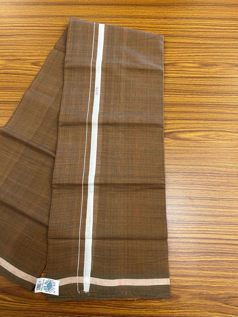 10% Discount !! KaithariKada 100% Pure Cotton - HANDLOOM Single Mundu/Dhoti Brown Green Shaded COLOUR BODY & White 0.5 inch Kara (2 meter / 4 muzham) - 18KK8020ELA