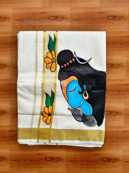 Double Off White (Unbleached) Mundu/Dhoti - 20% Discount!! KaithariKada Pure Cotton (80s) - 1.5 inch Gold Kasav Shaded Kara with Flower & Lord Shiva Mural Painting 3.90 mtr (8.5 Muzham) - 18 KK5487 CKS