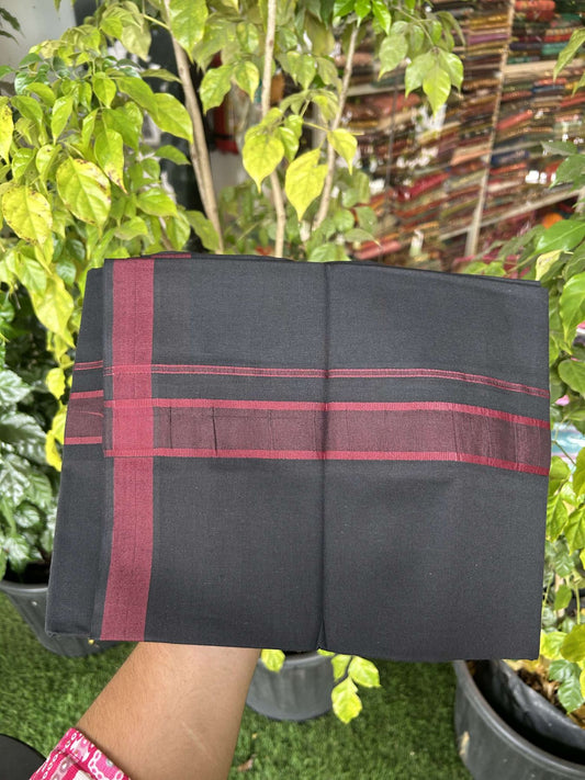 19% Discount!!! Kaitharikada - Single Kaily / Lungi - 60s - 1.25 inch Maroon Pattern striped kara with Black colour body  (2 meter / 4 muzham) - 2 KK8042 GAN