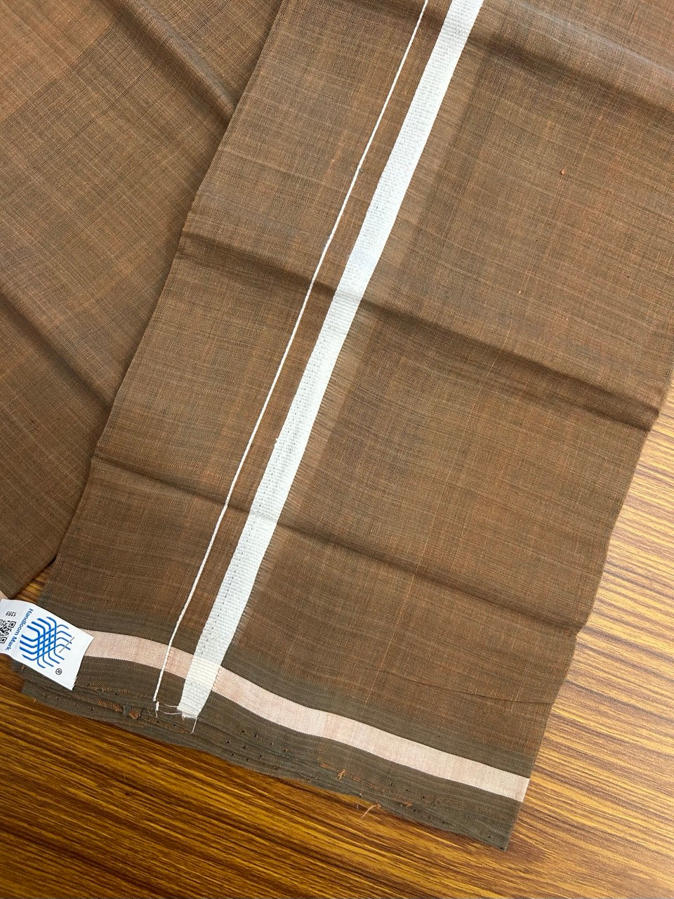 10% Discount !! KaithariKada 100% Pure Cotton - HANDLOOM Single Mundu/Dhoti Brown Green Shaded COLOUR BODY & White 0.5 inch Kara (2 meter / 4 muzham) - 18KK8020ELA