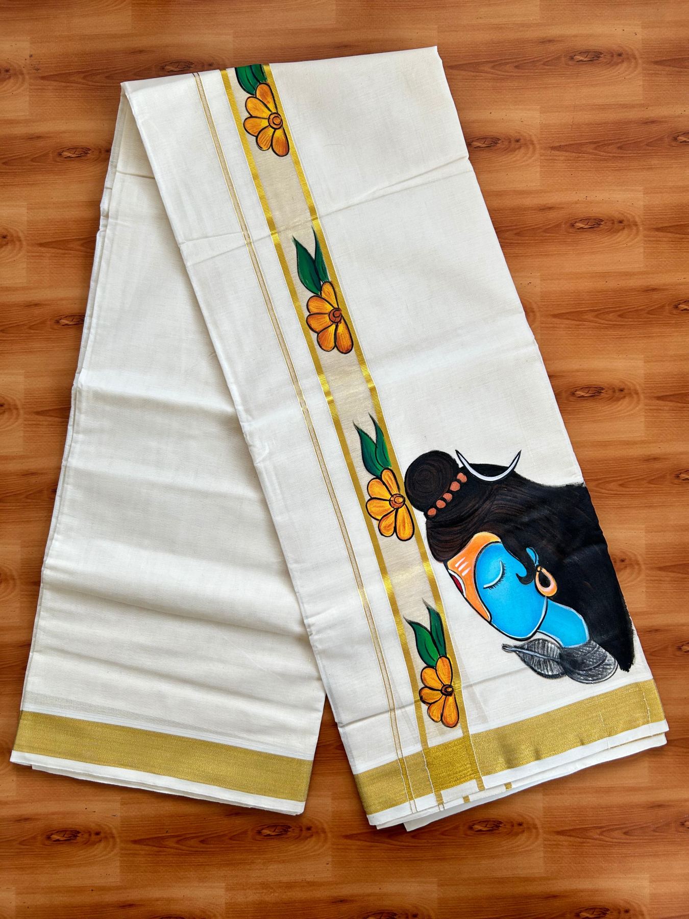 Double Off White (Unbleached) Mundu/Dhoti - 20% Discount!! KaithariKada Pure Cotton (80s) - 1.5 inch Gold Kasav Shaded Kara with Flower & Lord Shiva Mural Painting 4 mtr (8.5 Muzham) - 18 KK5487 CKS