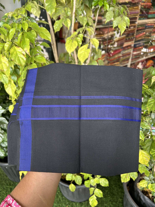 19% Discount!!! Kaitharikada - Single Kaily / Lungi - 60s - 1.25 inch Blue Pattern striped kara with Black colour body  (2 meter / 4 muzham) - 1 KK8042 GAN