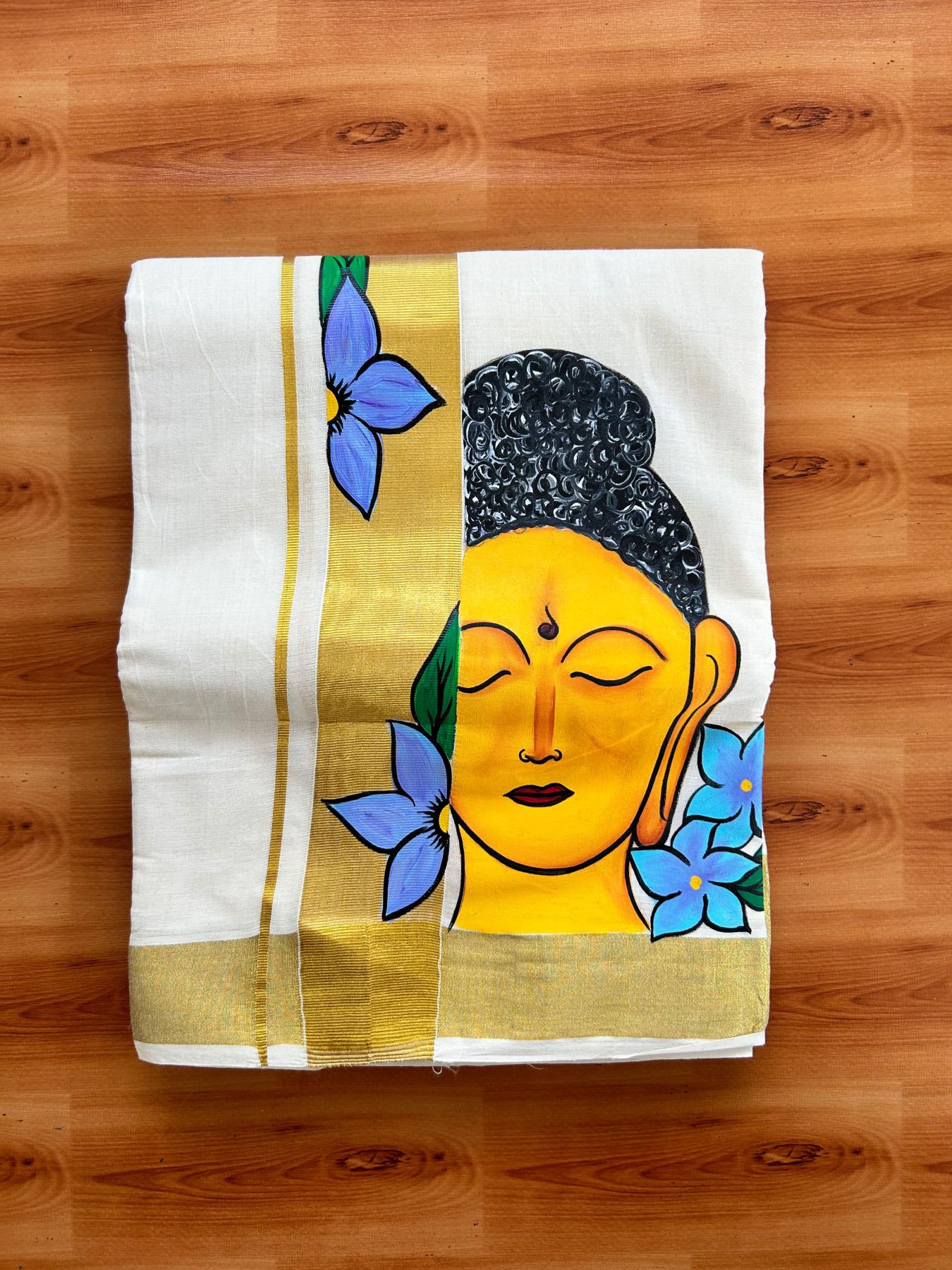 Double Off White (Unbleached) Mundu/Dhoti - 20% Discount!! KaithariKada Pure Cotton (80s) - 2 inch Gold Kasav Kara with Flower & Buddha Mural Painting 4 mtr (8.5 Muzham) - 19 KK5487 CKS
