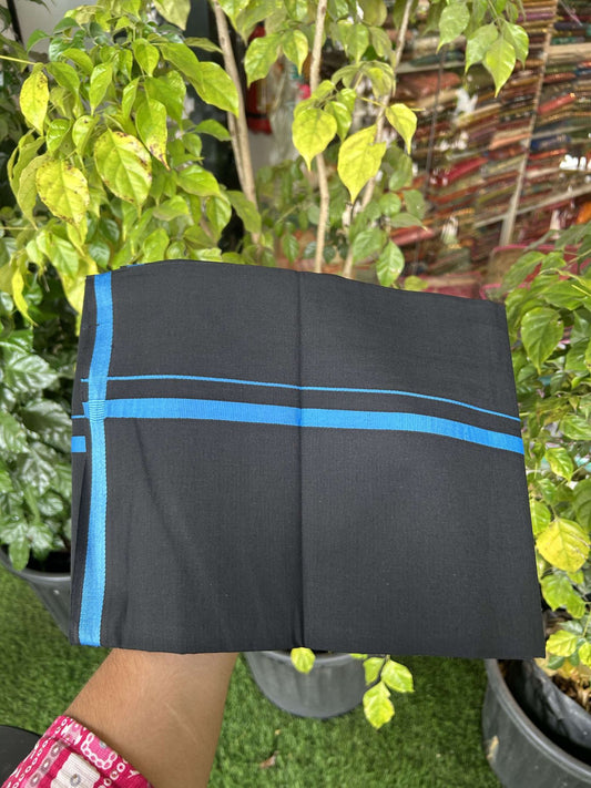 19% Discount!!! Kaitharikada - Single Kaily / Lungi -60s -1 cm Light Blue kara with Black colour body (2 meter / 4 muzham) - 8 KK8042 GAN