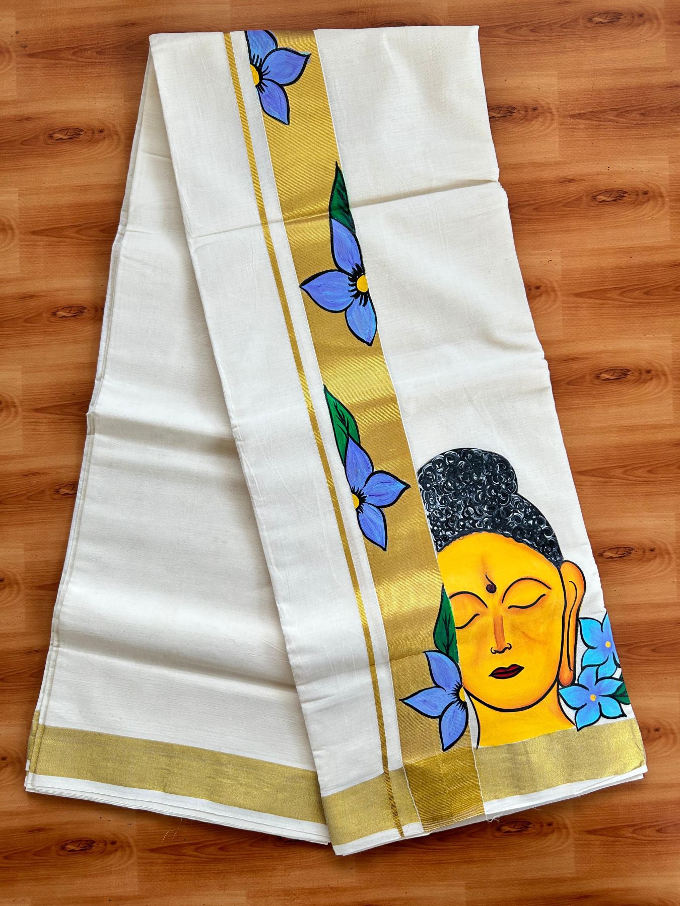 Double Off White (Unbleached) Mundu/Dhoti - 20% Discount!! KaithariKada Pure Cotton (80s) - 2 inch Gold Kasav Kara with Flower & Buddha Mural Painting 4 mtr (8.5 Muzham) - 19 KK5487 CKS