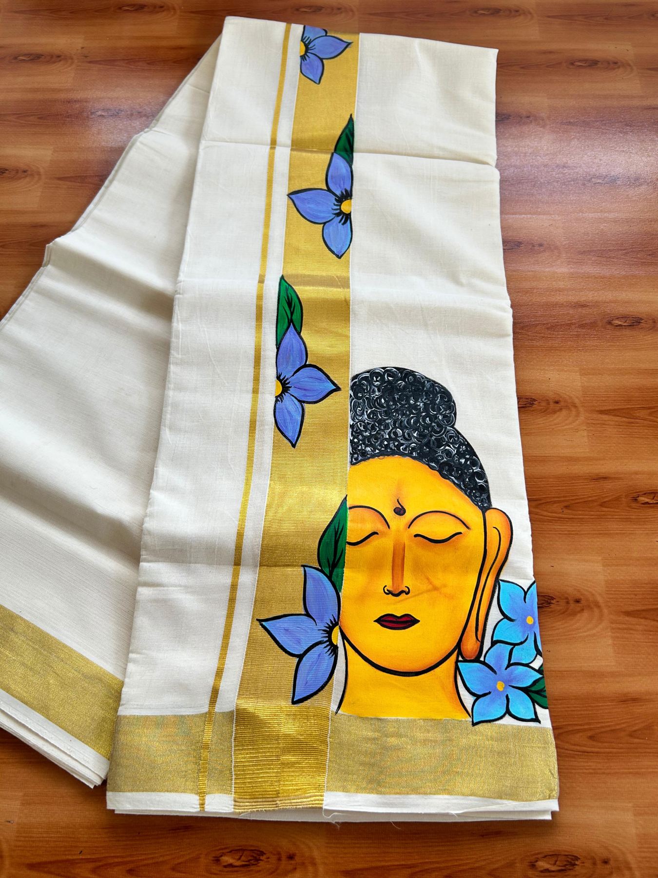 Double Off White (Unbleached) Mundu/Dhoti - 20% Discount!! KaithariKada Pure Cotton (80s) - 2 inch Gold Kasav Kara with Flower & Buddha Mural Painting 4 mtr (8.5 Muzham) - 19 KK5487 CKS