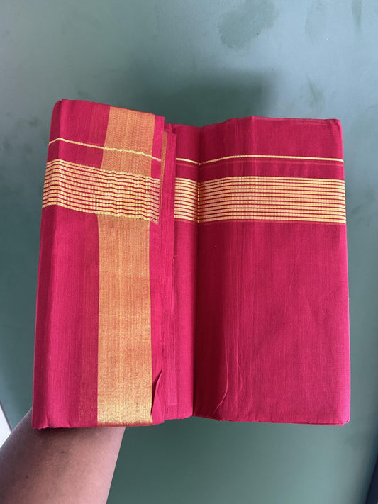 Double - Colour mundu/Dhoti - 20% Discount ! KaithariKada Balaramapuram - 100x80 - Deep Red Colour Body - 1.5 inch Gold Kasav Striped Kara 4 mtr (8.5 muzham) - 2 KK5404 PMC