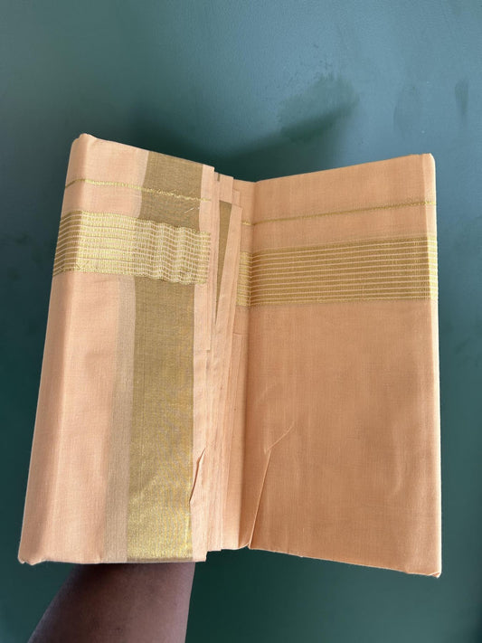 Double - Colour mundu/Dhoti - 20% Discount ! KaithariKada Balaramapuram - 100x80 - Peach Brown Colour Body - 1.5 inch Gold Kasav Striped Kara 4 mtr (8.5 muzham) - 3 KK5404 PMC