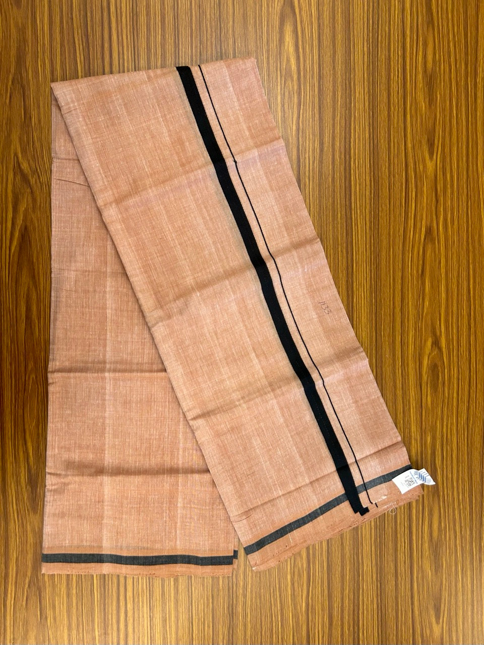 10% Discount !! KaithariKada 100% Pure Cotton - HANDLOOM Single Mundu/Dhoti Light Brown White Shaded COLOUR BODY & Black 0.5 inch Kara (2 meter / 4 muzham) - 20KK8020ELA