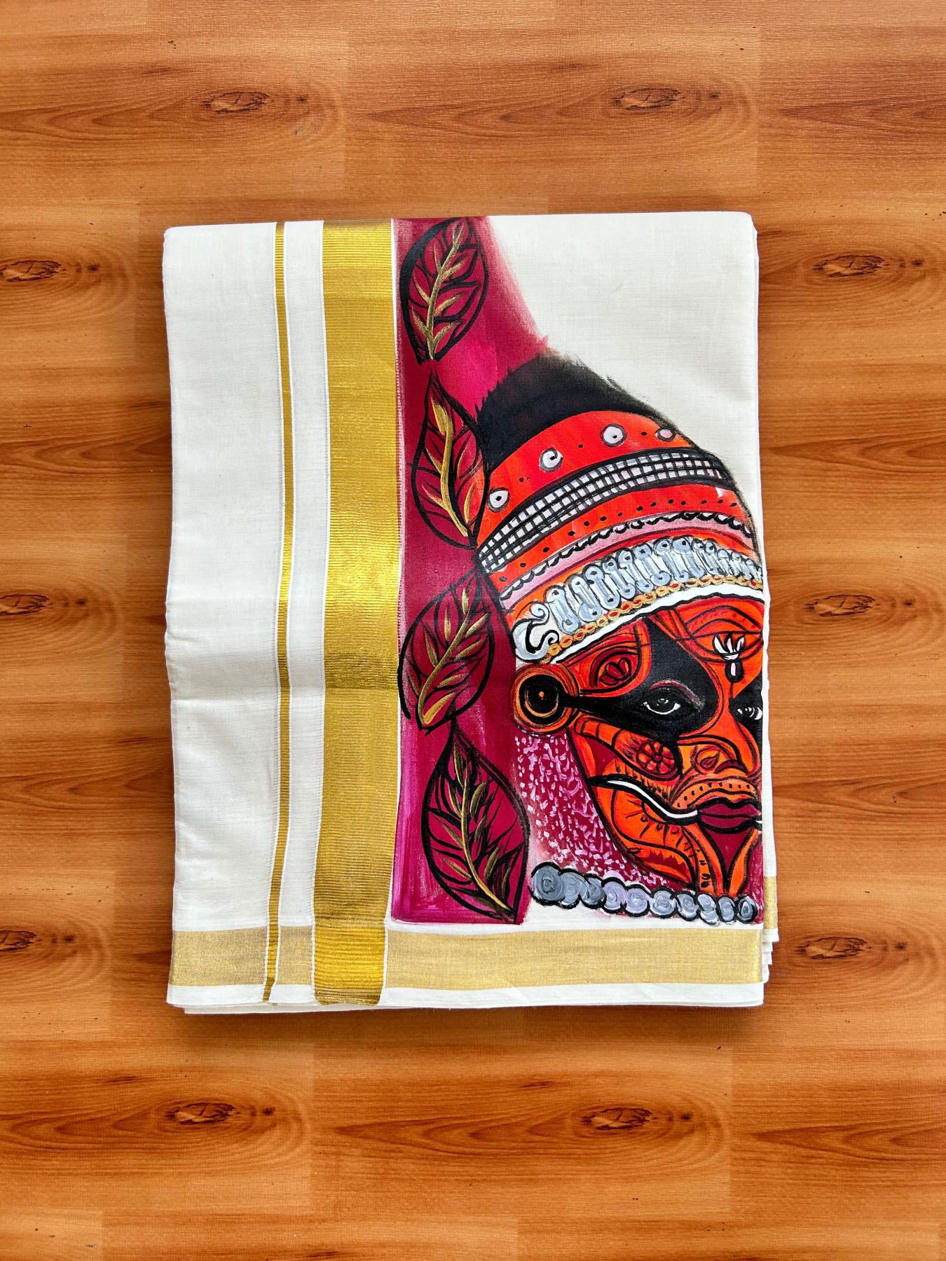 Double Off White (Unbleached) Mundu/Dhoti - 20% Discount!! KaithariKada Pure Cotton (80s) - 1.25 inch Gold Kasav Kara with Leaf & Theyyam Mural Painting 4 mtr (8.5 Muzham) - 22 KK5487 CKS