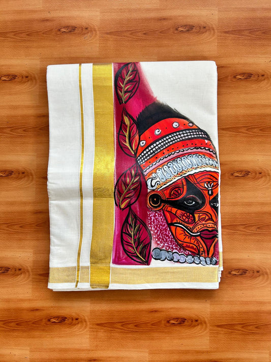 Double Off White (Unbleached) Mundu/Dhoti - 20% Discount!! KaithariKada Pure Cotton (80s) - 1.25 inch Gold Kasav Kara with Leaf & Theyyam Mural Painting 4 mtr (8.5 Muzham) - 22 KK5487 CKS