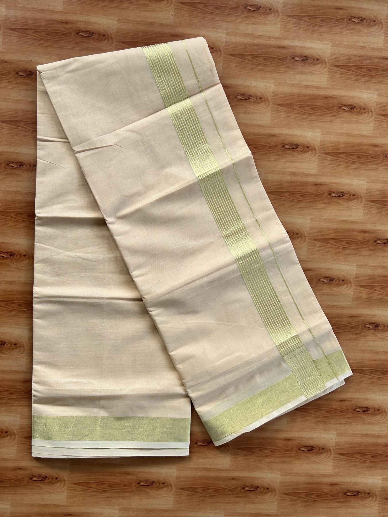 Double - Colour mundu/Dhoti - 20% Discount ! KaithariKada Balaramapuram - 100x80 - Peach Brown Colour Body - 1.5 inch Gold Kasav Striped Kara 4 mtr (8.5 muzham) - 3 KK5404 PMC