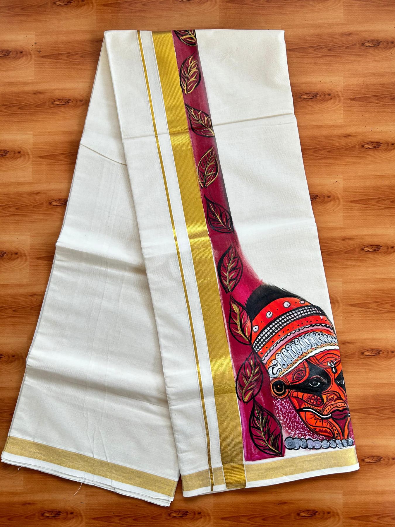 Double Off White (Unbleached) Mundu/Dhoti - 20% Discount!! KaithariKada Pure Cotton (80s) - 1.25 inch Gold Kasav Kara with Leaf & Theyyam Mural Painting 4 mtr (8.5 Muzham) - 22 KK5487 CKS