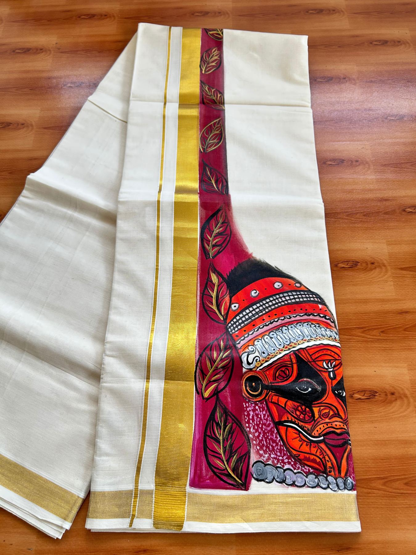Double Off White (Unbleached) Mundu/Dhoti - 20% Discount!! KaithariKada Pure Cotton (80s) - 1.25 inch Gold Kasav Kara with Leaf & Theyyam Mural Painting 4 mtr (8.5 Muzham) - 22 KK5487 CKS