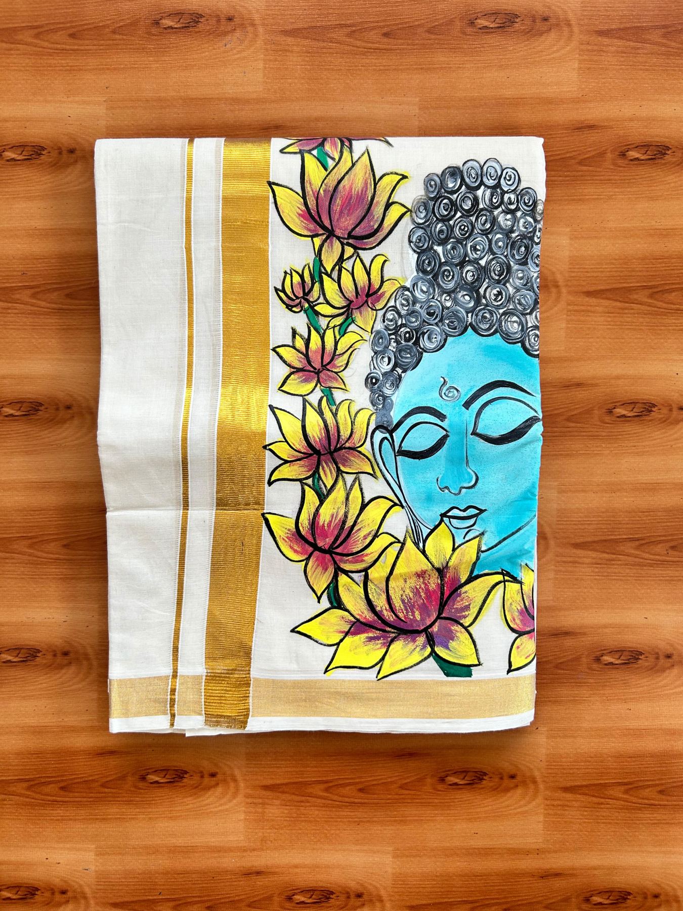 Double Off White (Unbleached) Mundu/Dhoti - 20% Discount!! KaithariKada Pure Cotton (80s) - 1 inch Gold Kasav Kara with Lotus & Buddha Mural Painting 4 mtr (8.5 Muzham) - 23 KK5487 CKS