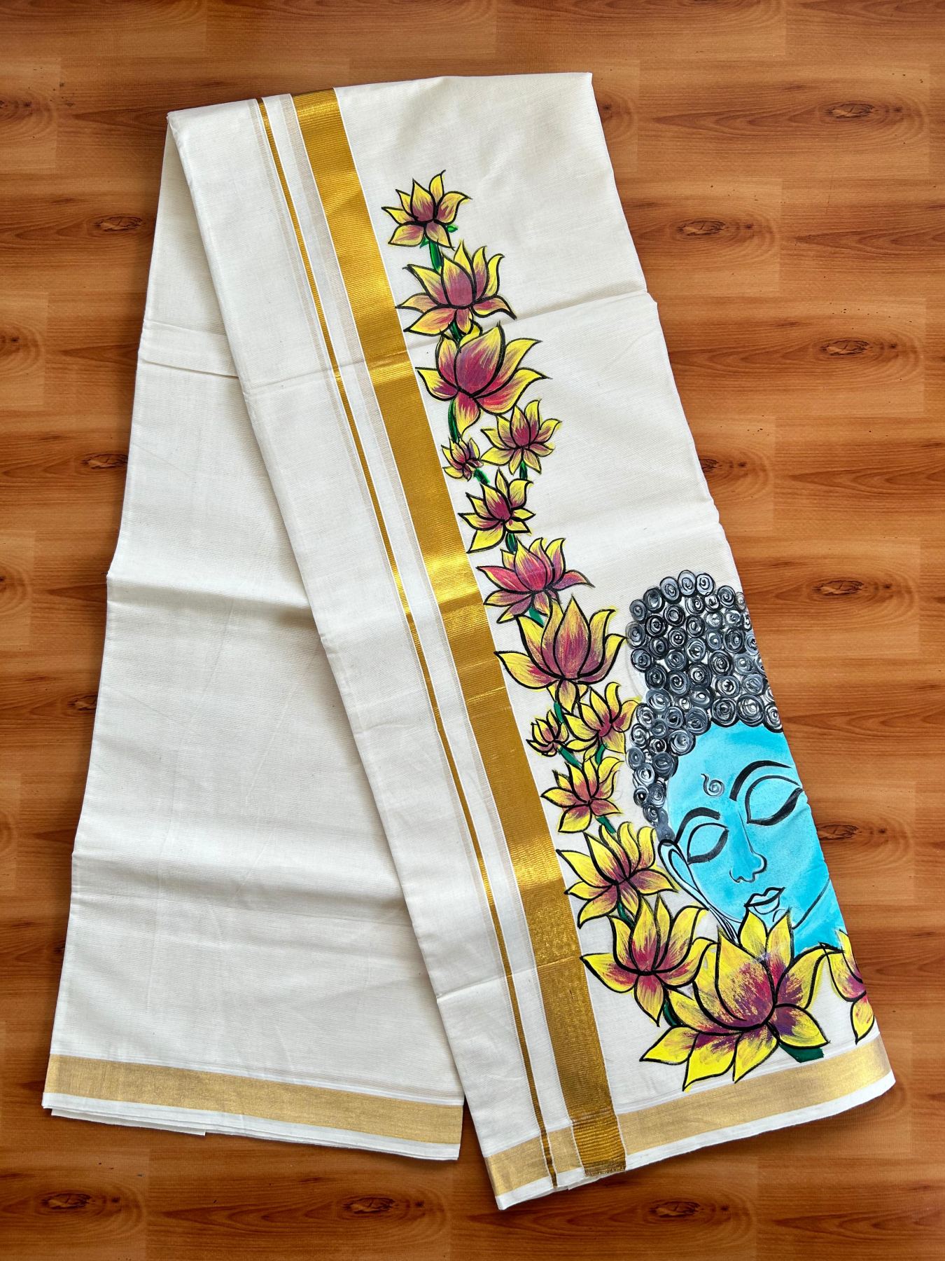 Double Off White (Unbleached) Mundu/Dhoti - 20% Discount!! KaithariKada Pure Cotton (80s) - 1 inch Gold Kasav Kara with Lotus & Buddha Mural Painting 4 mtr (8.5 Muzham) - 23 KK5487 CKS