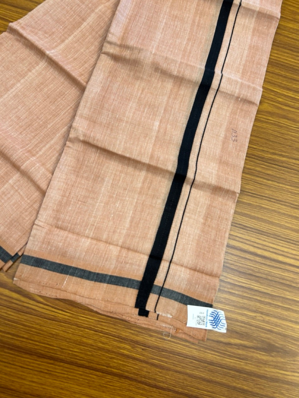 10% Discount !! KaithariKada 100% Pure Cotton - HANDLOOM Single Mundu/Dhoti Light Brown White Shaded COLOUR BODY & Black 0.5 inch Kara (2 meter / 4 muzham) - 20KK8020ELA