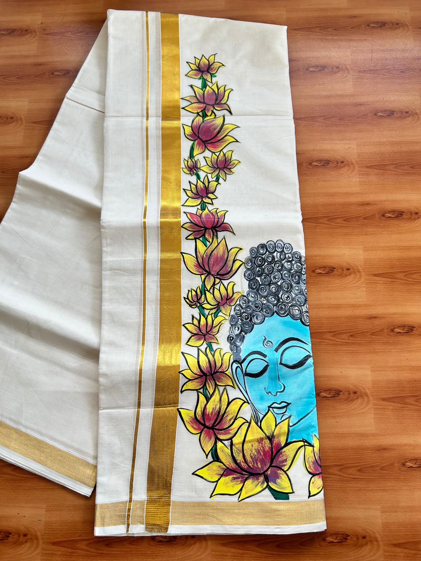 Double Off White (Unbleached) Mundu/Dhoti - 20% Discount!! KaithariKada Pure Cotton (80s) - 1 inch Gold Kasav Kara with Lotus & Buddha Mural Painting 4 mtr (8.5 Muzham) - 23 KK5487 CKS
