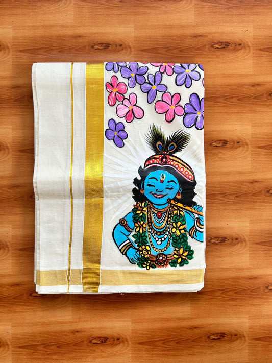 Double Off White (Unbleached) Mundu/Dhoti - 20% Discount!! KaithariKada Pure Cotton (80s) - 1 inch Gold Kasav Kara with Flower & Lord Krishna Mural Painting 4 mtr (8.5 Muzham) - 21 KK5487 CKS