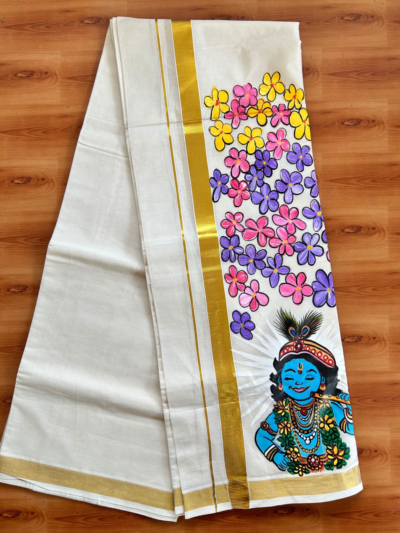 Double Off White (Unbleached) Mundu/Dhoti - 20% Discount!! KaithariKada Pure Cotton (80s) - 1 inch Gold Kasav Kara with Flower & Lord Krishna Mural Painting 4 mtr (8.5 Muzham) - 21 KK5487 CKS