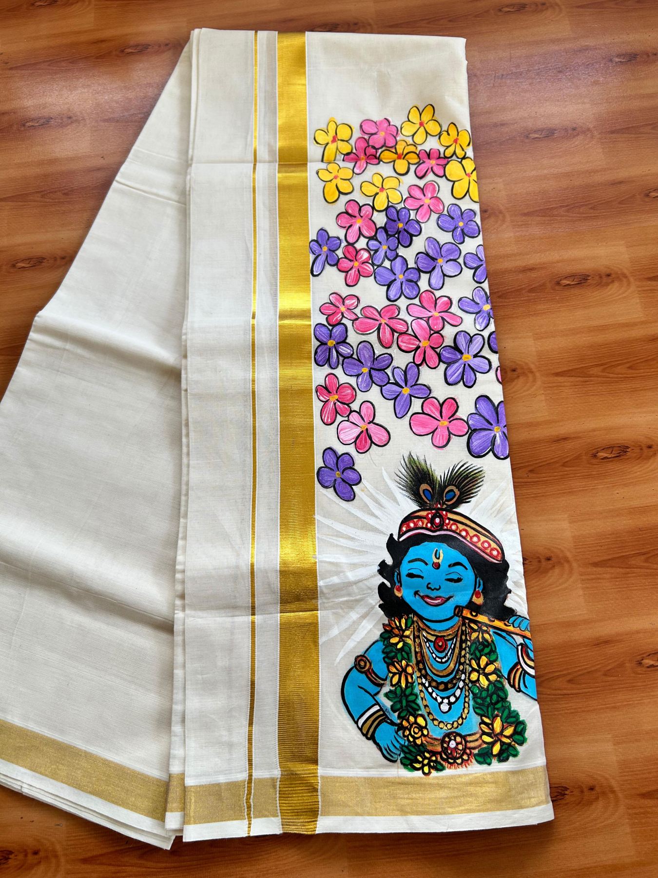 Double Off White (Unbleached) Mundu/Dhoti - 20% Discount!! KaithariKada Pure Cotton (80s) - 1 inch Gold Kasav Kara with Flower & Lord Krishna Mural Painting 4 mtr (8.5 Muzham) - 21 KK5487 CKS