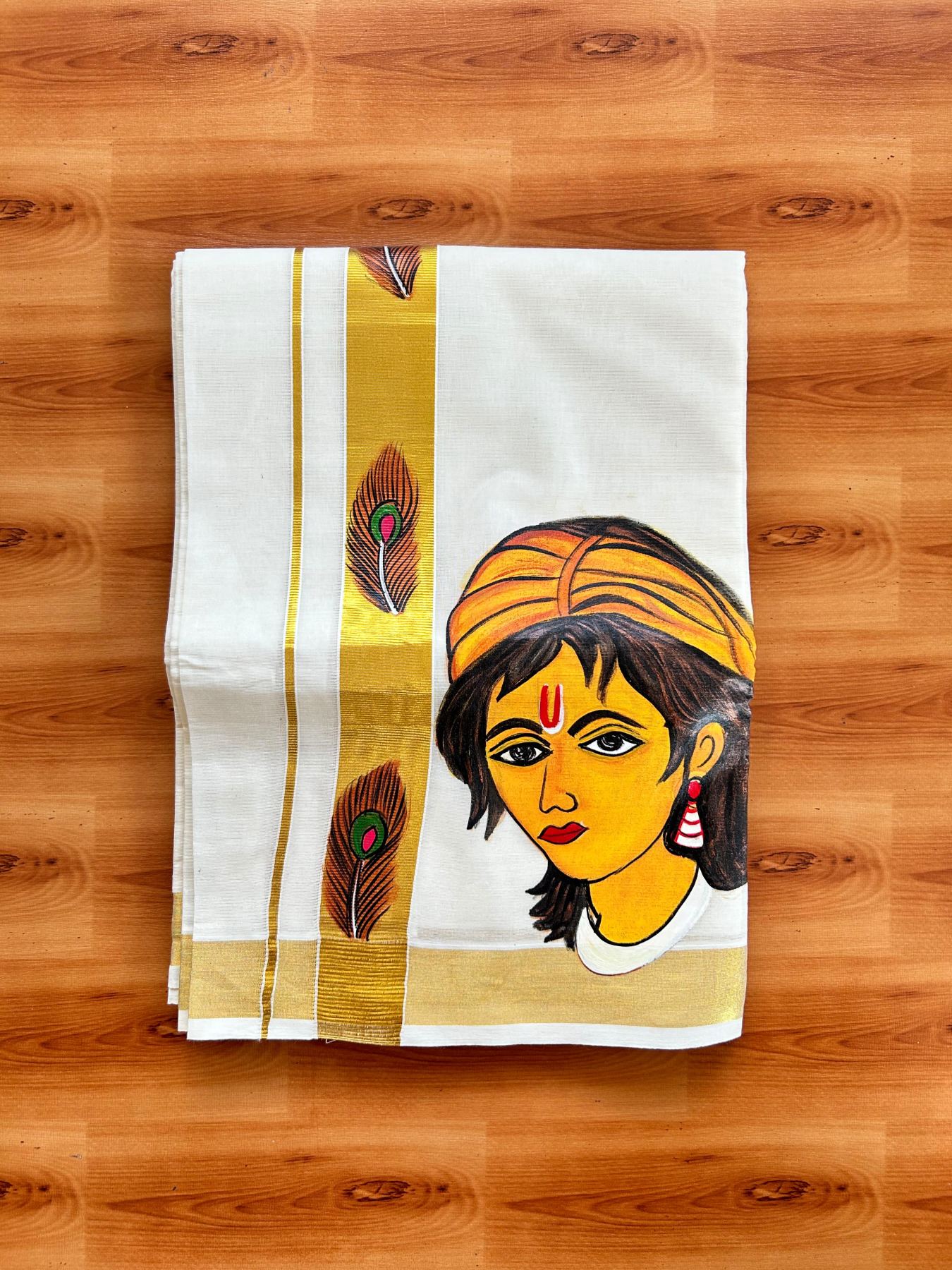 Double Off White (Unbleached) Mundu/Dhoti - 20% Discount!! KaithariKada Pure Cotton (80s) - 1.5 inch Gold Kasav Kara with Peacock Feather & Mural Painting 4 mtr (8.5 Muzham) - 20 KK5487 CKS