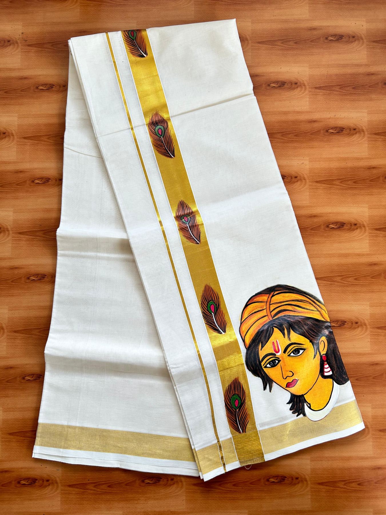 Double Off White (Unbleached) Mundu/Dhoti - 20% Discount!! KaithariKada Pure Cotton (80s) - 1.5 inch Gold Kasav Kara with Peacock Feather & Mural Painting 4 mtr (8.5 Muzham) - 20 KK5487 CKS
