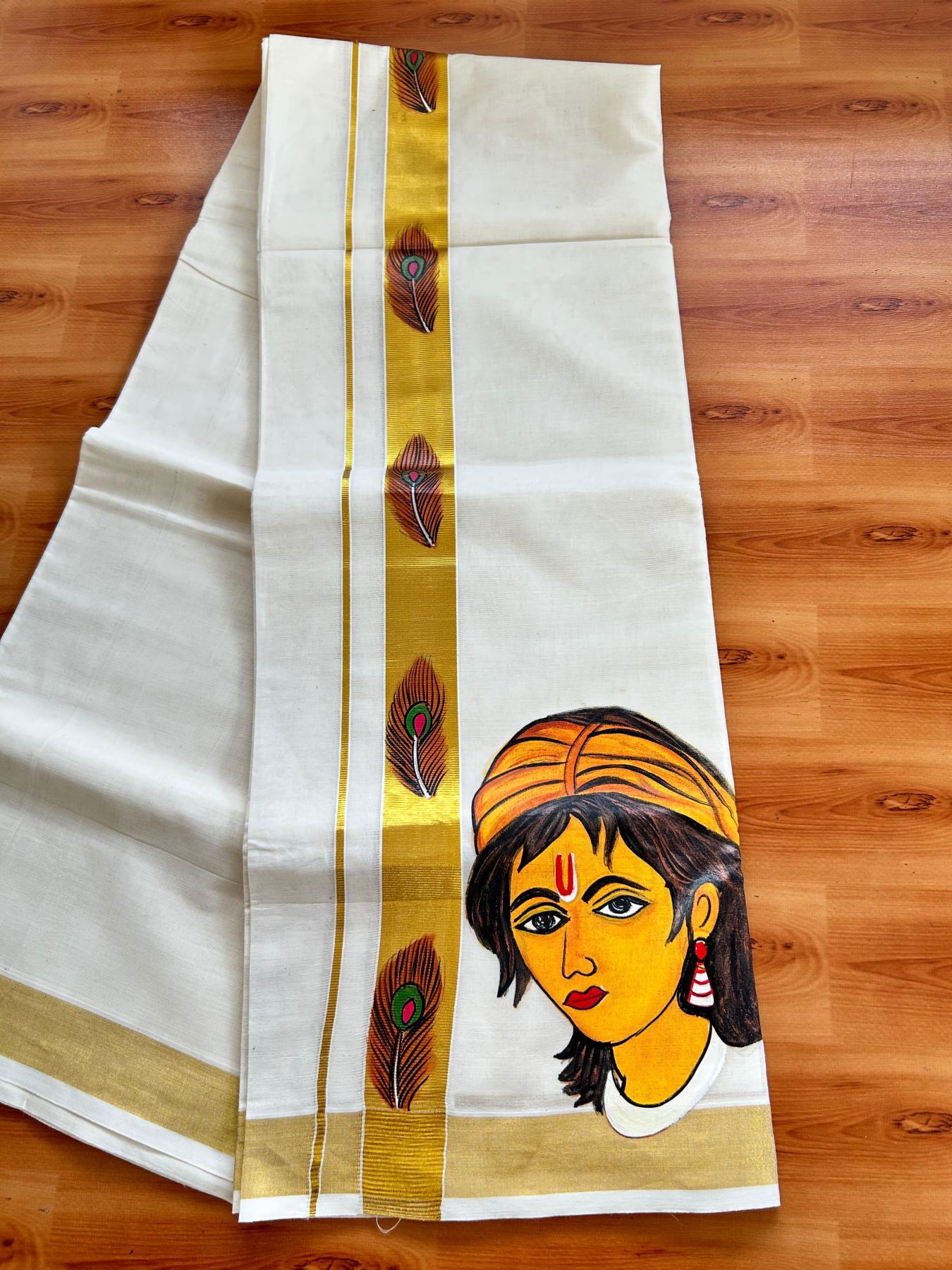 Double Off White (Unbleached) Mundu/Dhoti - 20% Discount!! KaithariKada Pure Cotton (80s) - 1.5 inch Gold Kasav Kara with Peacock Feather & Mural Painting 4 mtr (8.5 Muzham) - 20 KK5487 CKS