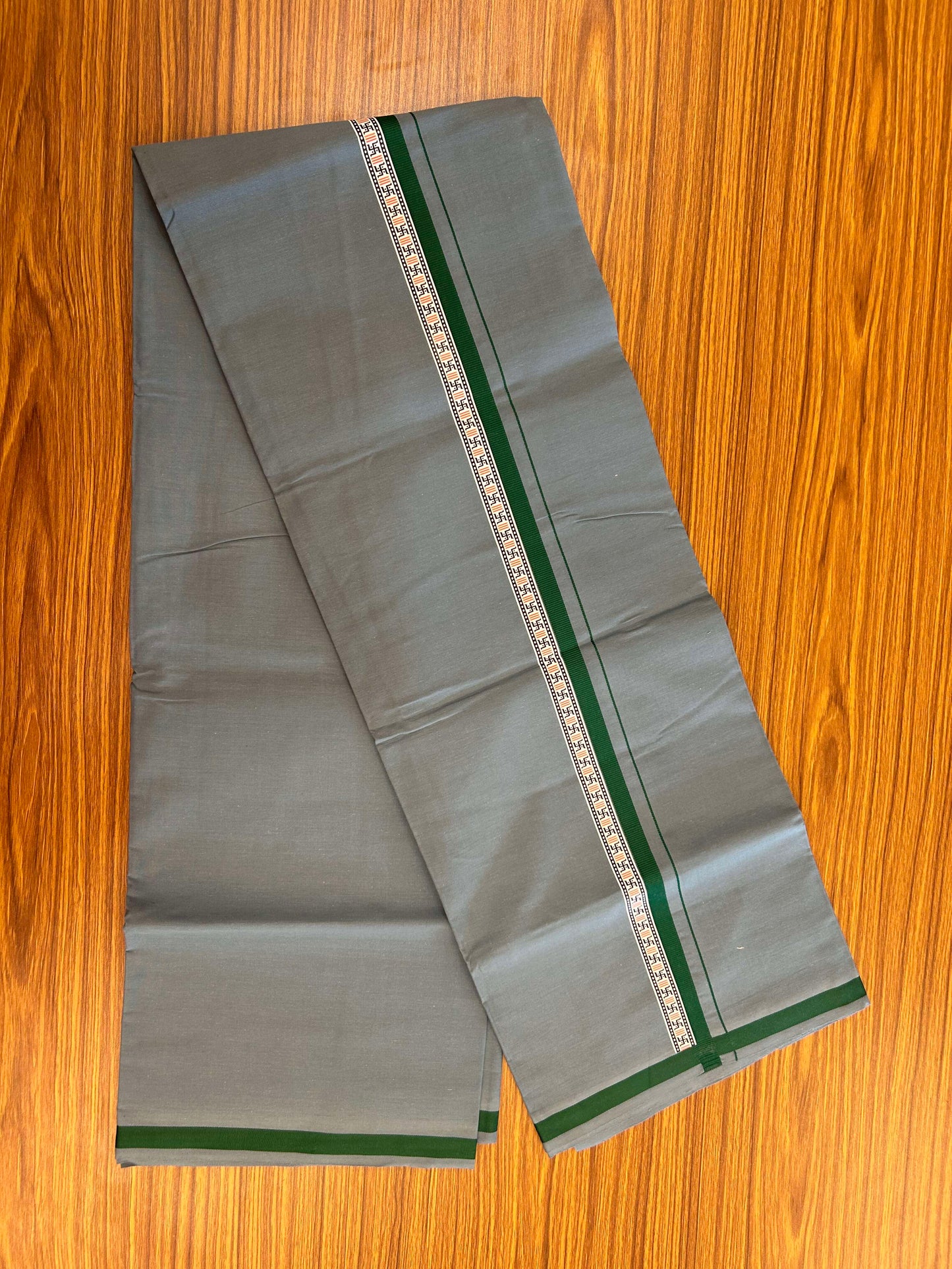 39% Discount! Kaitharikada - Pure Cotton - Single Kaily / Lungi - (60s) - 1 inch Green & Multi colour Pattern Printed Kambi kara with Grey colour body (2 meter / 4 muzham) - 12 KK8043 GAN