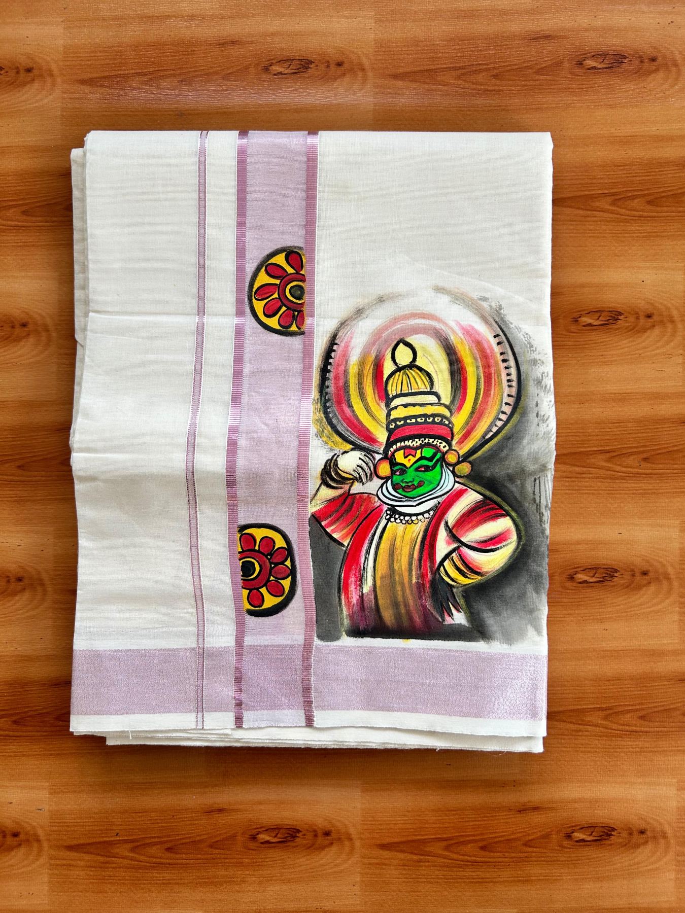 Double Off White (Unbleached) Mundu/Dhoti - 20% Discount!! KaithariKada Pure Cotton (80s) - 1.75 inch Rose Pink Kasav Kara with Flower & Kathakali Mural Painting 3.90 mtr (8.5 Muzham) - 32 KK5487 CKS