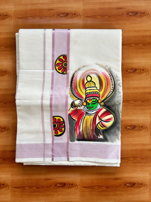 Double Off White (Unbleached) Mundu/Dhoti - 20% Discount!! KaithariKada Pure Cotton (80s) - 1.75 inch Rose Pink Kasav Kara with Flower & Kathakali Mural Painting 3.90 mtr (8.5 Muzham) - 32 KK5487 CKS