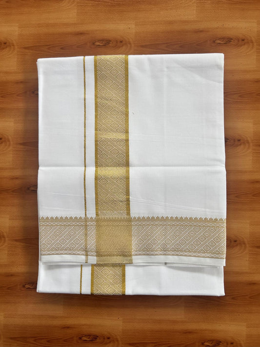 Single Pure White Mundu/Dhoti - 20% Discount!! Kaitharikada Balaramapuram Pure Cotton - 40s - 2 inch Gold Kasav Jacquard Design Kara 2 mtr (4 muzham) - 23 KK5405 GAN
