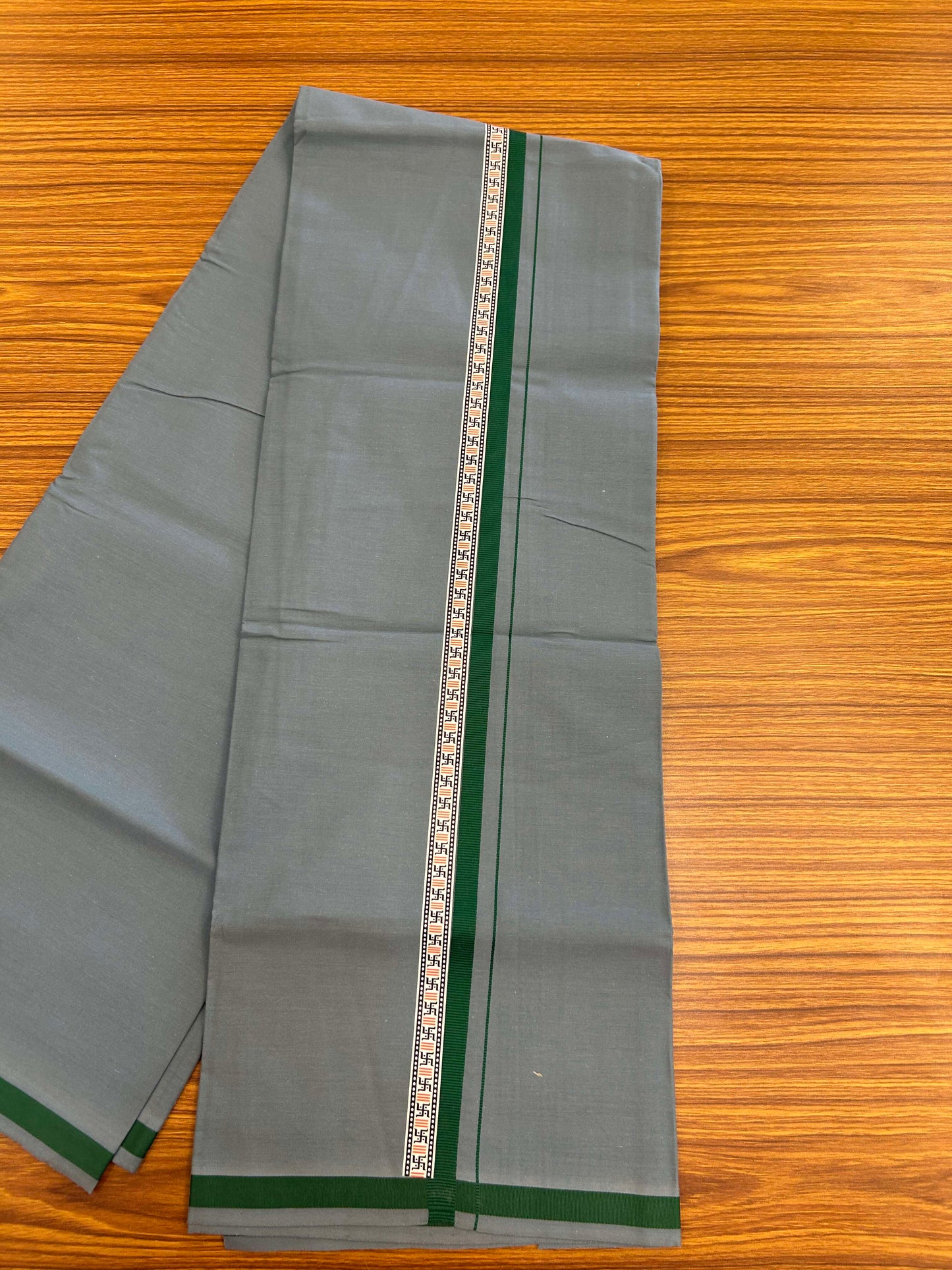 39% Discount! Kaitharikada - Pure Cotton - Single Kaily / Lungi - (60s) - 1 inch Green & Multi colour Pattern Printed Kambi kara with Grey colour body (2 meter / 4 muzham) - 12 KK8043 GAN