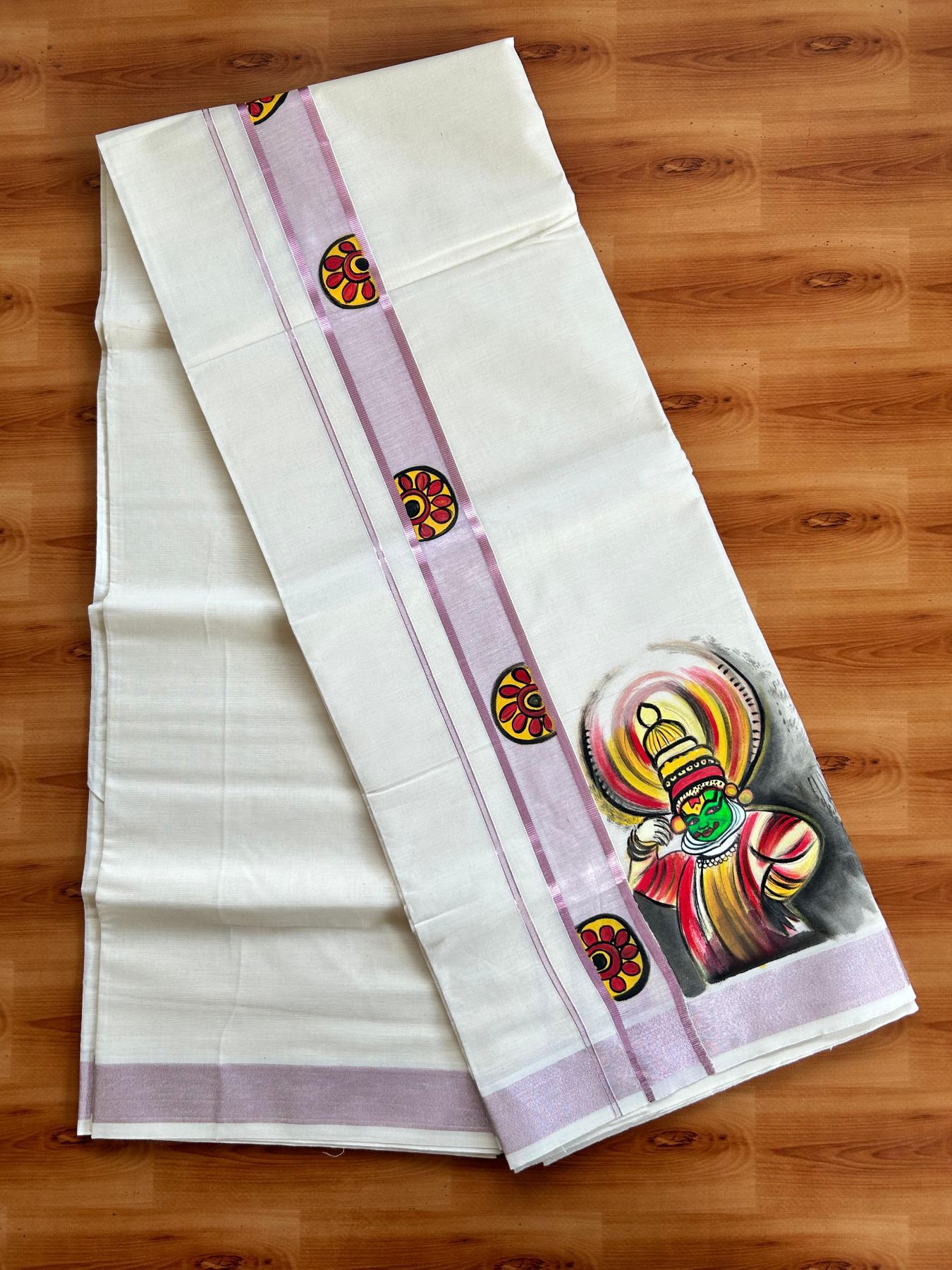 Double Off White (Unbleached) Mundu/Dhoti - 20% Discount!! KaithariKada Pure Cotton (80s) - 1.75 inch Rose Pink Kasav Kara with Flower & Kathakali Mural Painting 3.90 mtr (8.5 Muzham) - 32 KK5487 CKS